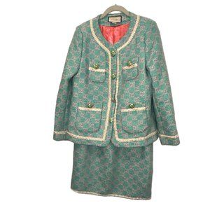 Gucci GG LOGO Tweed Petroleum Blue Jacket Skirt suit L 4 Leaf clover buttons